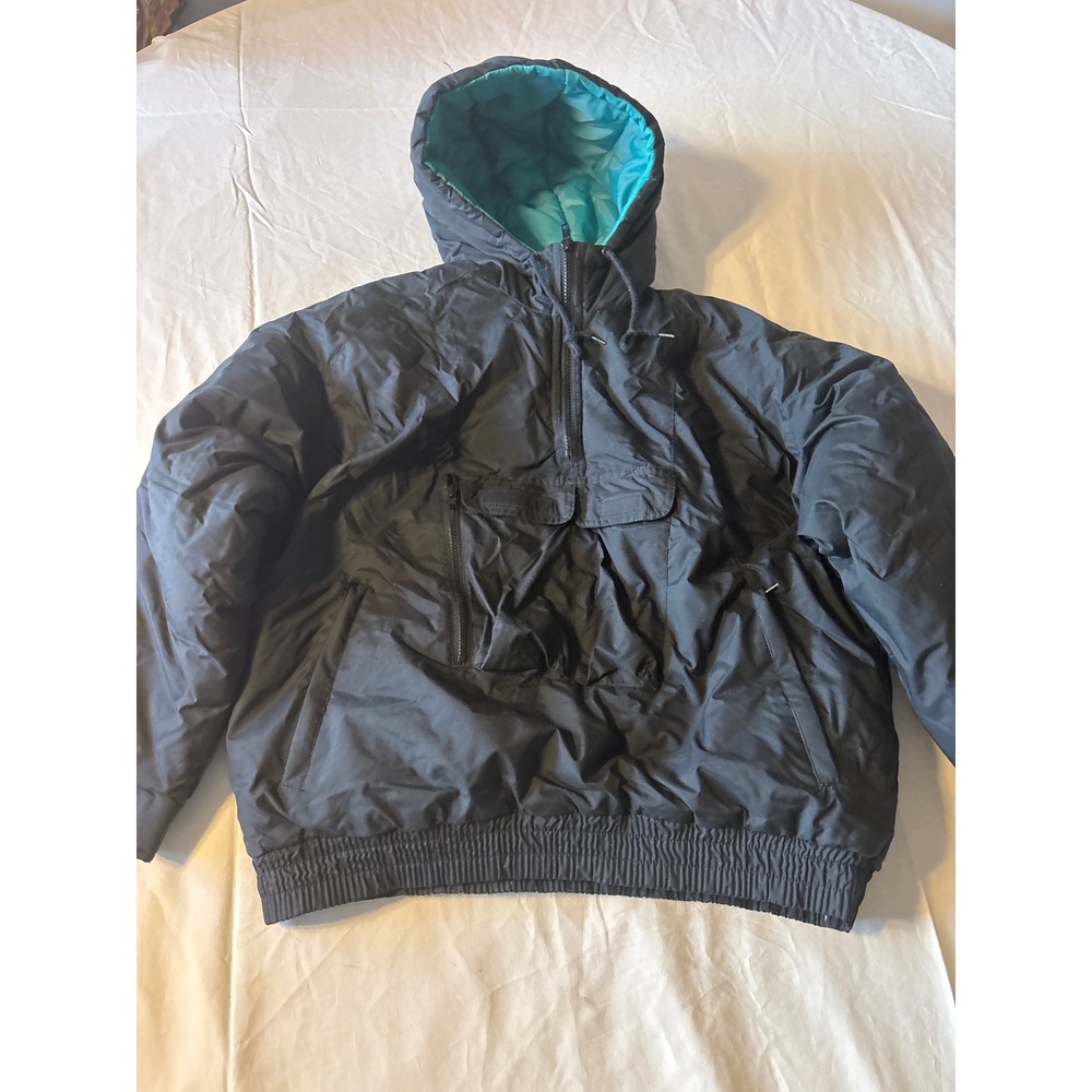 Activa Anorak Puffer Jacket Mens Large Black Turquoise Vintage Half-Zip Hooded